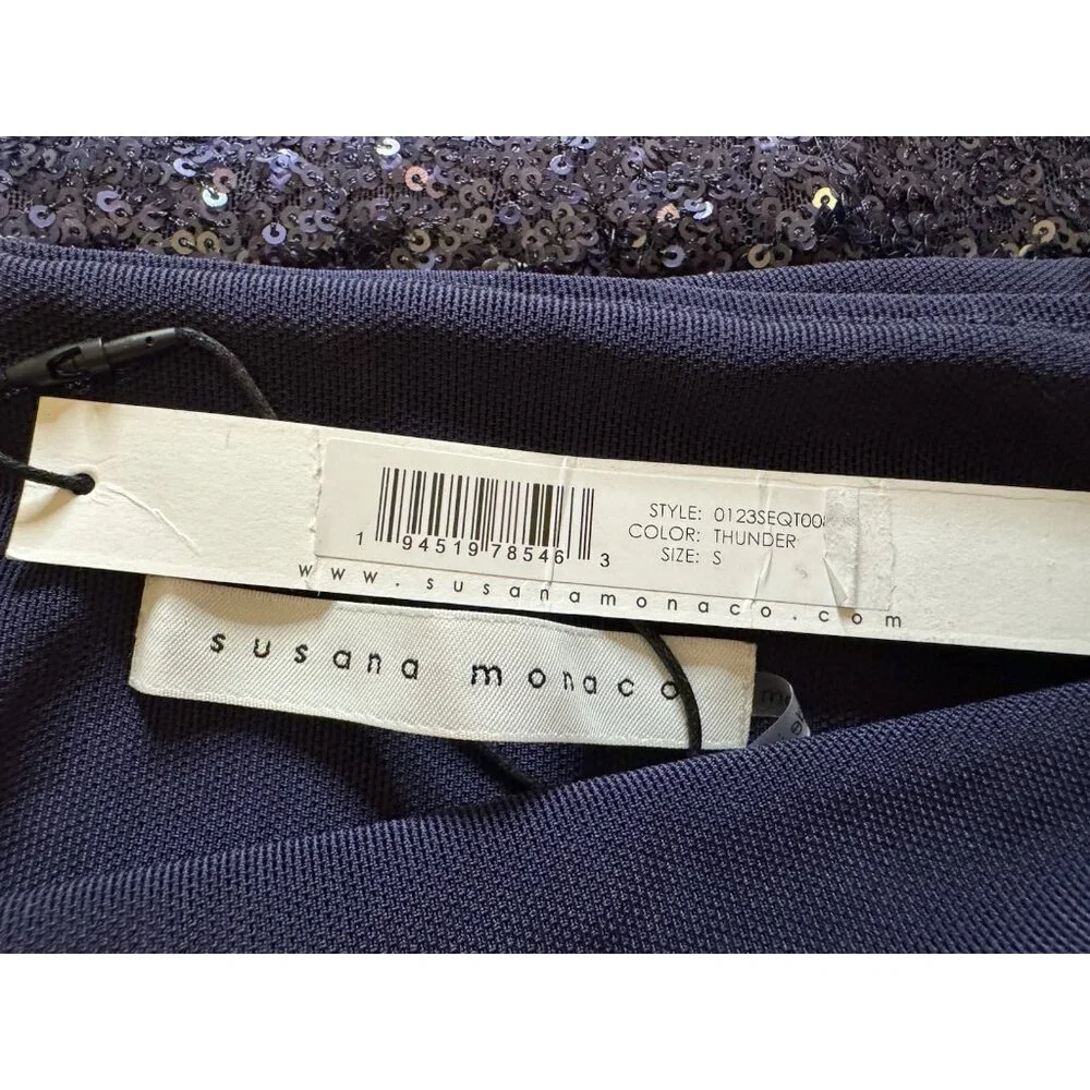 Susana Monaco 2 PC Set S Small Thunder Blue Sequin Crop Top & Skirt NWT $256
